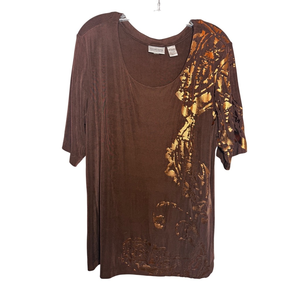 Chico's Travelers Brown Gold Metallic Foil Top Women's Size‎ 3 XL